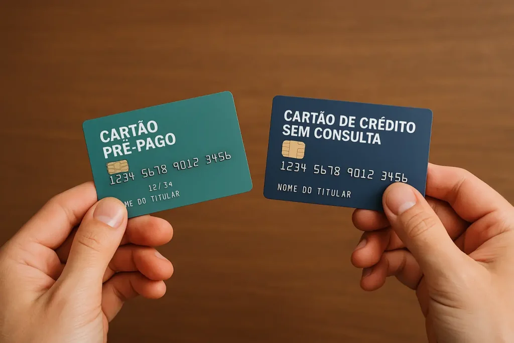 Duas mãos segurando diferentes cartões lado a lado, comparando cartão pré-pago e cartão de crédito sem consulta sobre uma mesa de madeira.