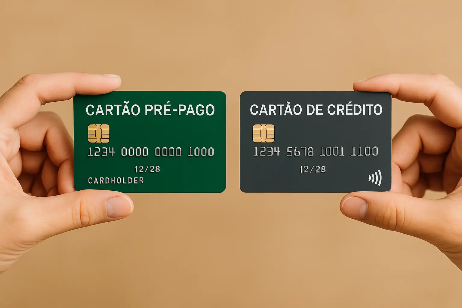 Pessoa segurando dois cartões, um pré-pago verde e um cartão de crédito sem consulta escuro, simbolizando a escolha entre modalidades financeiras.