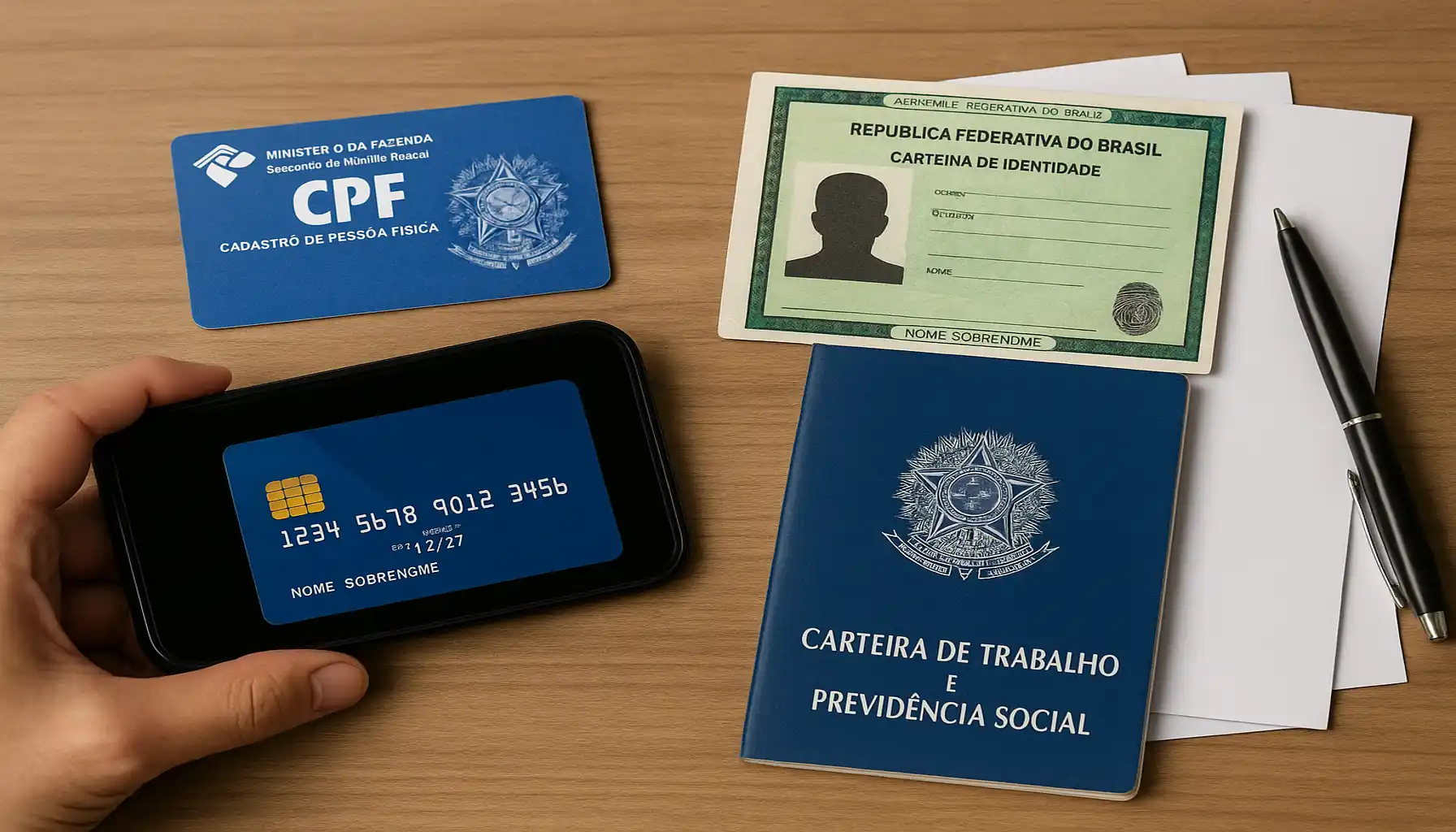 Pessoa utilizando smartphone ao lado de CPF, identidade e carteira de trabalho, representando os documentos necessários para solicitar cartões de crédito de forma digital.