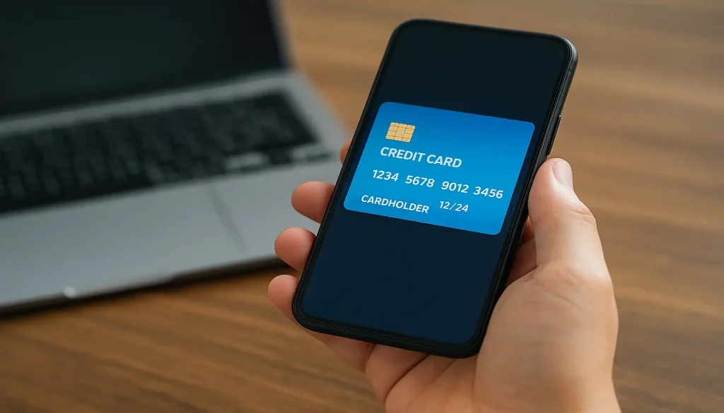 Pessoa segurando smartphone exibindo cartão digital, representando a solicitação de cartão por aplicativos em ambiente moderno e seguro.