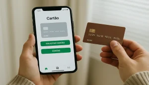 Usuário com celular e cartão físico em mãos, ilustrando a solicitação de cartão por aplicativos em fintechs e bancos digitais.