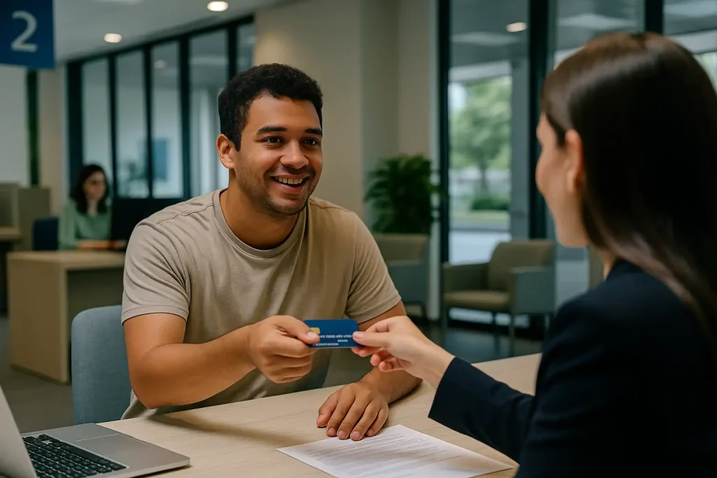 Homem sorridente em agência bancária recebendo aprovação, representando como solicitar cartões de crédito com renda baixa com sucesso.