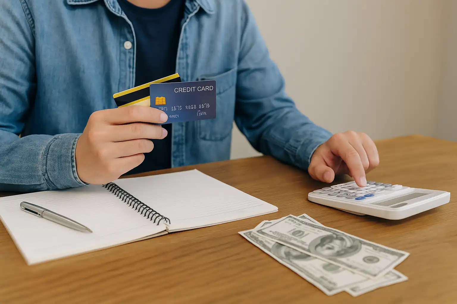 Pessoa calculando despesas em casa e analisando como solicitar cartões de crédito com renda baixa de forma organizada e segura.