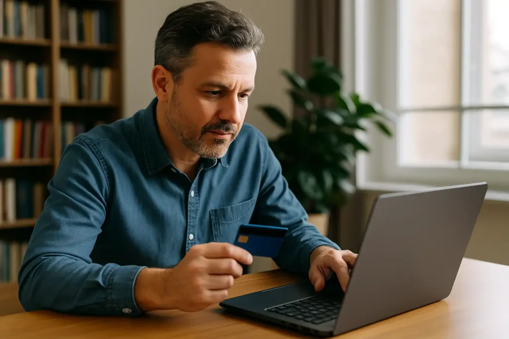 Profissional autônomo analisando finanças no computador e utilizando cartões sem consulta para MEIs e autônomos em seu negócio.