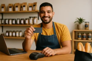 Microempreendedor feliz em sua loja usando cartões sem consulta para MEIs e autônomos para facilitar pagamentos.