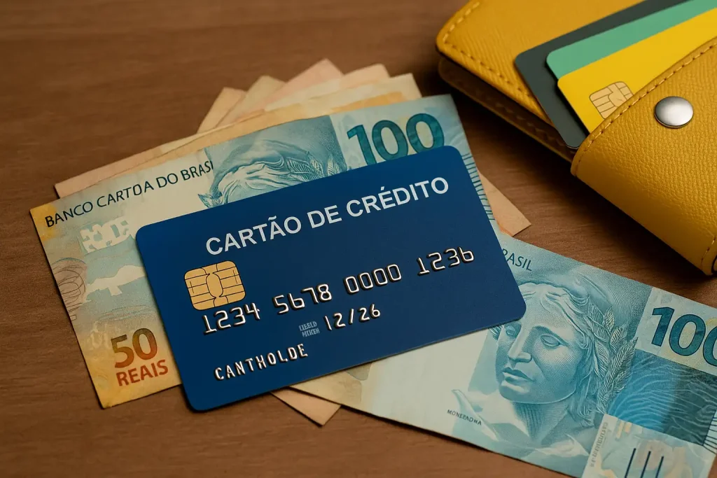 Cartão de crédito azul sobre notas de reais e carteira amarela, representando os melhores cartões sem anuidade em 2025.
