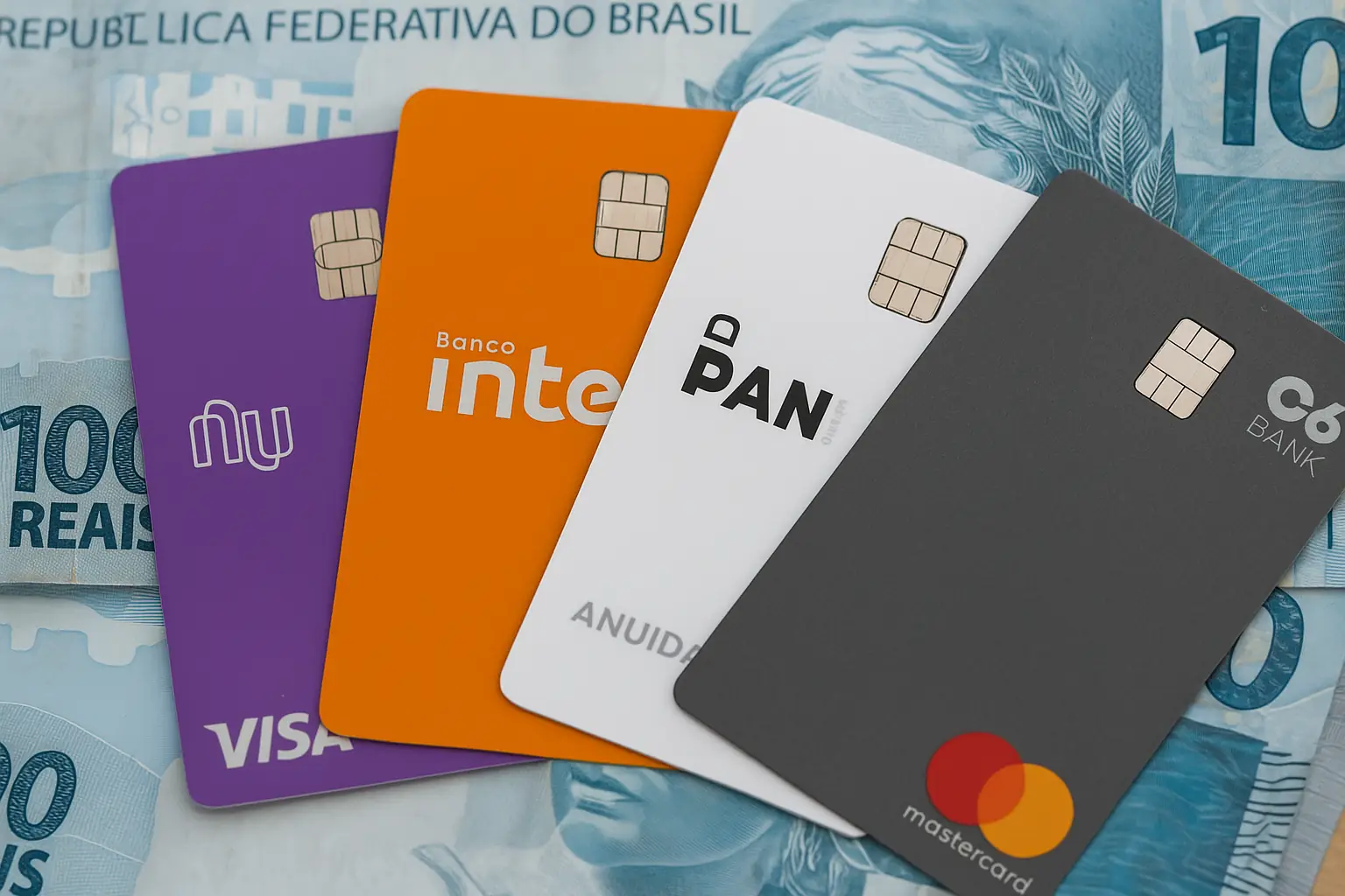 Vários cartões de crédito brasileiros sobre notas de reais, simbolizando os melhores cartões sem anuidade disponíveis no mercado.