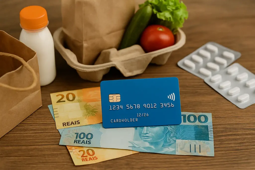 Cartão de crédito sobre notas de reais, compras de supermercado e medicamentos, representando cartões com cashback turbinado.