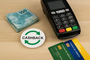 Cartões de crédito coloridos ao lado de maquininha e dinheiro, simbolizando cartões com cashback turbinado em compras do dia a dia.