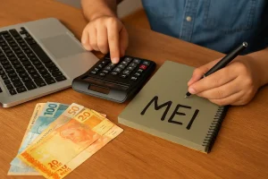 Microempreendedor calculando finanças com notebook e calculadora, representando crédito para MEIs em 2025.