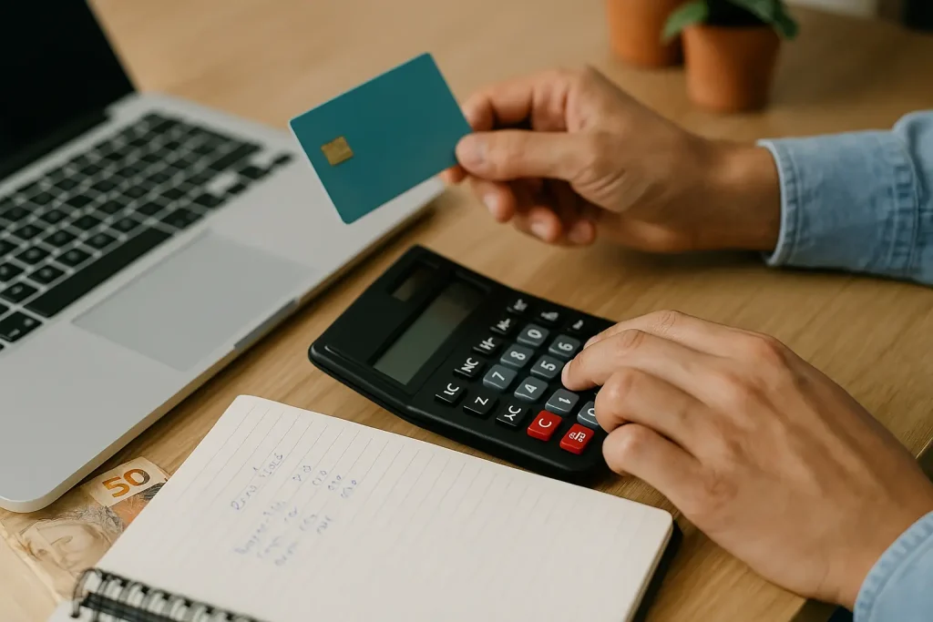 Empreendedor utilizando cartão e calculadora em sua mesa de trabalho, simbolizando crédito para MEIs oferecido por bancos e fintechs.