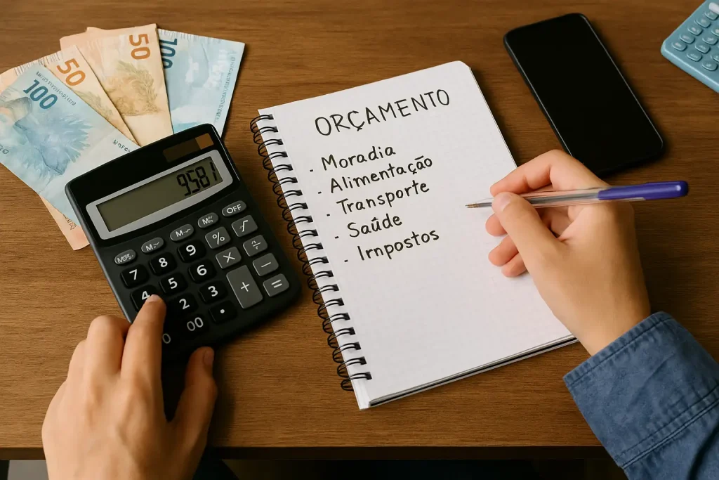 Pessoa calculando despesas em caderno de orçamento com notas de reais, representando como organizar suas finanças pessoais em 2025