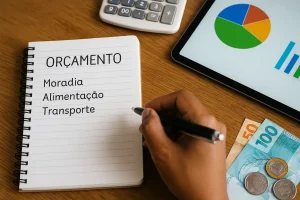 Planejamento financeiro com anotações de orçamento e gráficos digitais, ilustrando estratégias para organizar suas finanças pessoais.