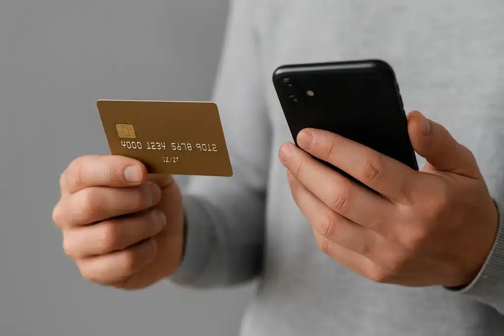 “Pessoa segurando cartão dourado e celular ao mesmo tempo, representando uso digital e acessível de cartões sem consulta e score baixo.”