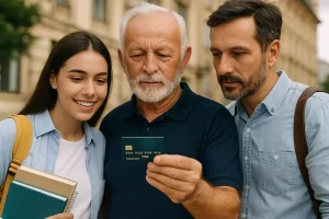 “Estudante, aposentado e autônomo analisando juntos um cartão, representando inclusão financeira e uso do cartão de crédito em casos especiais.”