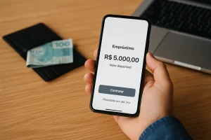 Pessoa utilizando aplicativo de carteira digital no smartphone para solicitar empréstimos via carteira digital, com tela exibindo opções de crédito e ambiente de trabalho moderno.