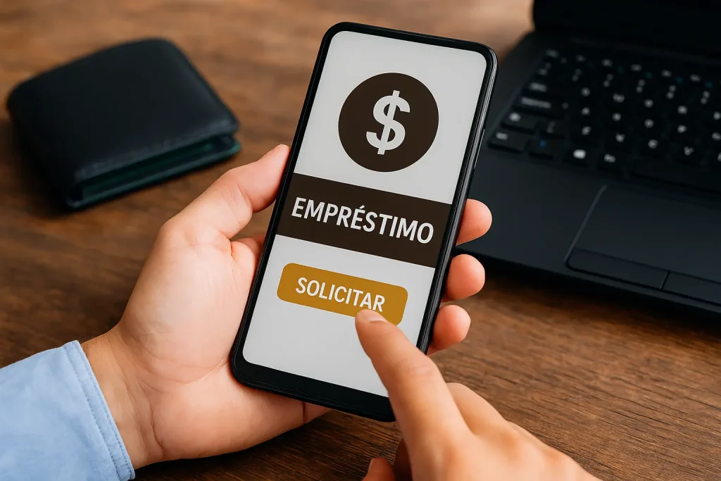 Usuário brasileiro acessando aplicativo de finanças para conferir saldo e solicitar empréstimos via carteira digital, em ambiente iluminado com laptop e café sobre mesa de madeira.