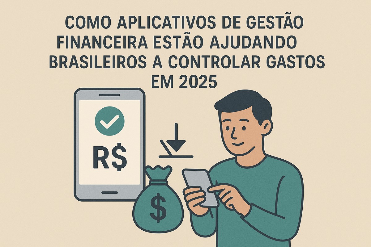 Ilustração em estilo plano mostrando um homem de pele morena e camiseta verde escura olhando para o celular e sorrindo, à esquerda da imagem. À direita, há um grande smartphone com tela exibindo um ícone de escudo verde com check de aprovação e, abaixo, um círculo com o símbolo de real (R$). No canto inferior esquerdo, um ícone circular com notas e moedas representando dinheiro. No topo, em letras grandes, o título “Como aplicativos de gestão financeira estão ajudando brasileiros a controlar gastos em 2025”, em fundo bege claro.