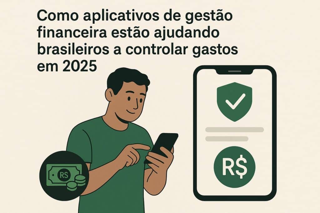 Ilustração em estilo vetorial mostrando um homem de cabelo escuro e camiseta verde usando um smartphone, posicionado à direita da imagem. À esquerda, há outro celular exibindo o símbolo de real (R$) com um check de confirmação e, abaixo, um saco de dinheiro verde com cifrão, além de um ícone de seta apontando para baixo sugerindo economia ou download. O fundo é bege e, na parte superior, aparece em letras grandes o título “COMO APLICATIVOS DE GESTÃO FINANCEIRA ESTÃO AJUDANDO BRASILEIROS A CONTROLAR GASTOS EM 2025”. Não há pessoas reais, apenas personagens ilustrados.