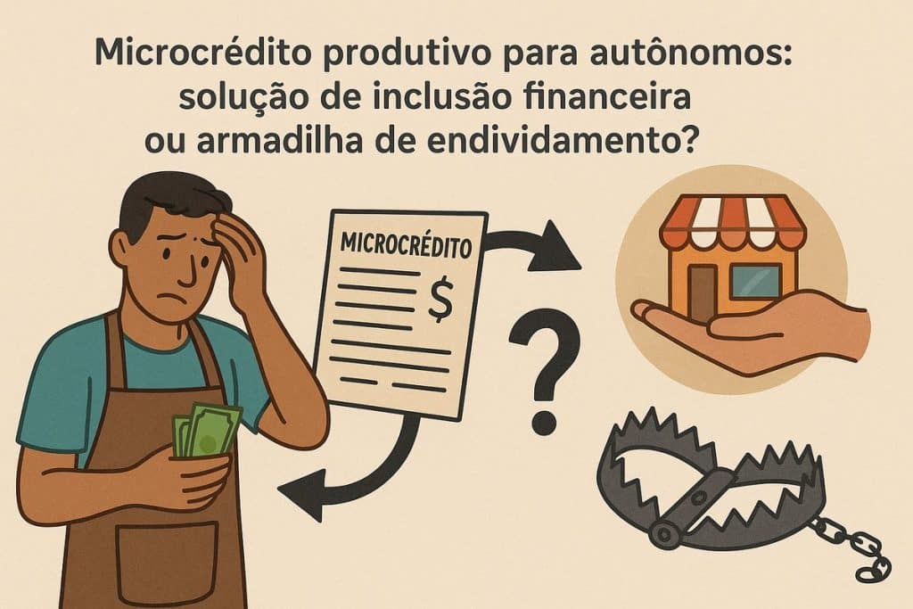 Ilustração em estilo vetorial com fundo bege. À esquerda, um homem autônomo de avental marrom e camiseta verde-azulada segura notas de dinheiro com expressão preocupada, levando a mão à testa. Ao centro, há um contrato com o título “MICROCRÉDITO” e símbolo de cifrão, ligado por setas pretas a dois caminhos possíveis. À direita superior, uma mão estendida segura uma pequena loja, simbolizando negócio financiado. À direita inferior, uma armadilha de ferro aberta representa o risco de endividamento. No topo, o título “Microcrédito produtivo para autônomos: solução de inclusão financeira ou armadilha de endividamento?”