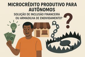 Ilustração em estilo flat, com fundo bege claro, sobre o tema de microcrédito produtivo para trabalhadores autônomos. Na parte superior, em letras maiúsculas, lê-se: ‘MICROCRÉDITO PRODUTIVO PARA AUTÔNOMOS’. Logo abaixo, o subtítulo: ‘SOLUÇÃO DE INCLUSÃO FINANCEIRA OU ARMADILHA DE ENDIVIDAMENTO?’. À esquerda, há um homem de pele escura, cabelos curtos e camisa laranja, sorrindo e segurando várias cédulas de dinheiro na mão direita; ao lado de sua cabeça, aparece uma lâmpada verde acesa, simbolizando ideia ou oportunidade. Ao centro, atrás dele, há uma pequena construção que representa um comércio ou negócio próprio, com fachada simples e toldo marrom. À direita da composição, aparecem uma grande armadilha de dentes afiados presa a uma corrente, sugerindo risco de endividamento, e um ponto de interrogação vermelho escuro, reforçando a dúvida sobre as consequências do crédito. Todos os elementos são desenhos vetoriais; não há pessoas reais na cena.