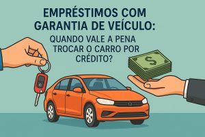 Ilustração em estilo flat com fundo verde-água, abordando o tema de empréstimos com garantia de veículo. Na parte superior, em letras maiúsculas, está o texto: ‘EMPRÉSTIMOS COM GARANTIA DE VEÍCULO: QUANDO VALE A PENA TROCAR O CARRO POR CRÉDITO?’. No centro da cena, há um carro laranja visto de lado, simbolizando o veículo usado como garantia. À esquerda, uma mão estendida segura um chaveiro com chave e controle do carro, como se estivesse entregando o bem. À direita, outra mão oferece um maço de notas verdes empilhadas, representando o dinheiro do empréstimo. Todos os elementos são desenhos vetoriais; não há pessoas reais na imagem.