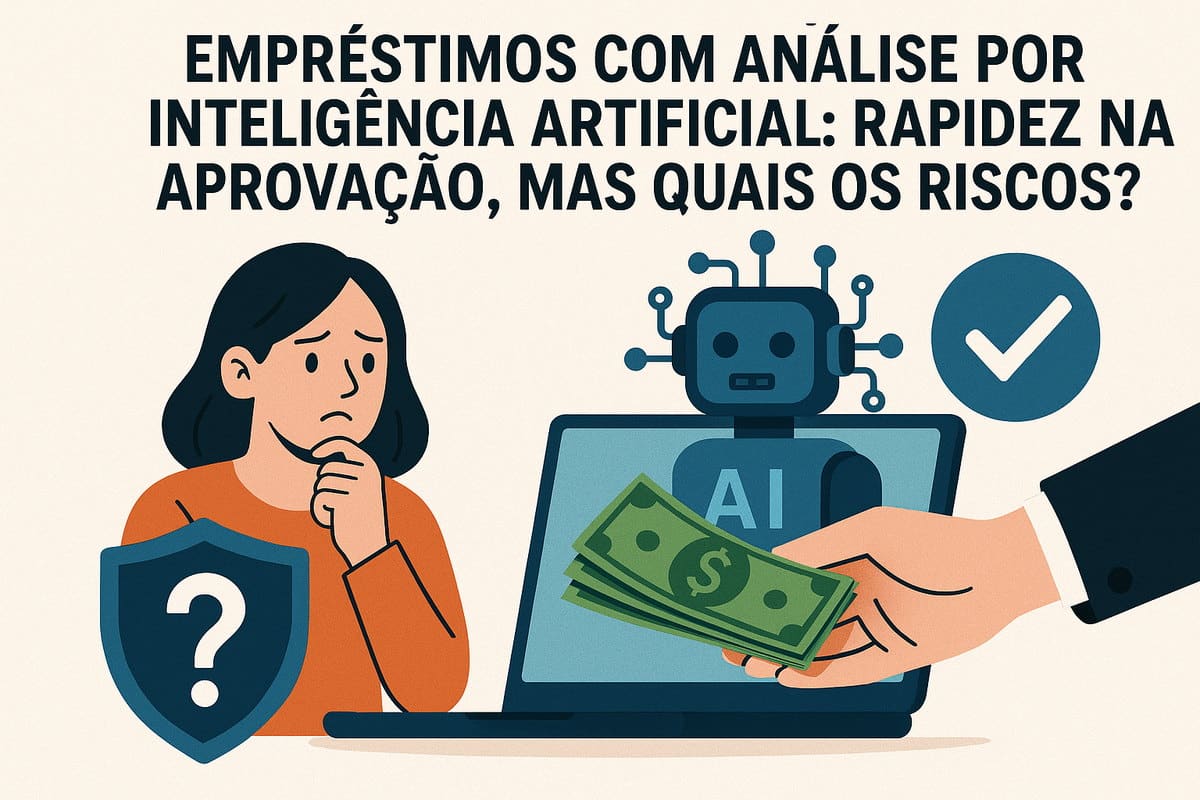 Ilustração sobre empréstimos com inteligência artificial: no topo, título em letras grandes ‘Empréstimos com análise por inteligência artificial: rapidez na aprovação, mas quais os riscos?’. À esquerda, uma mulher ilustrada com expressão de dúvida, mão no queixo, ao lado de um escudo com ponto de interrogação, sugerindo incerteza e proteção. Ao centro, um notebook com um robô azul representando IA na tela, com a sigla ‘AI’. À direita, uma mão humana entrega cédulas de dinheiro em direção ao computador, ao lado de um símbolo de verificação, indicando aprovação rápida de crédito. Fundo claro, estilo vetorial, cores suaves.