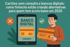 Ilustração sobre cartões sem consulta e bancos digitais em 2025. No topo, texto grande diz: ‘Cartões sem consulta e bancos digitais: como fintechs estão criando alternativas para quem tem score baixo em 2025’. Ao centro, um celular com a frase ‘BANCO DIGITAL’ na tela e um cartão ilustrado em tons de amarelo e laranja exibido no display. À esquerda, um ícone circular com um X, sugerindo negativa ou rejeição, e folhas decorativas ao fundo. À direita, um homem ilustrado sorrindo segura um cartão grande na horizontal; ao lado dele há um ícone circular com sinal de aprovação (check verde), indicando acesso facilitado ao crédito. Fundo verde-azulado, estilo vetorial simples e moderno.