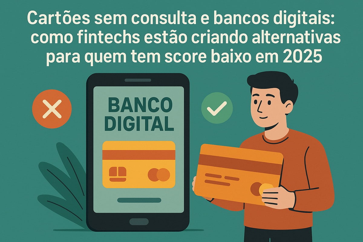 Ilustração sobre cartões sem consulta e bancos digitais em 2025. No topo, texto grande diz: ‘Cartões sem consulta e bancos digitais: como fintechs estão criando alternativas para quem tem score baixo em 2025’. Ao centro, um celular com a frase ‘BANCO DIGITAL’ na tela e um cartão ilustrado em tons de amarelo e laranja exibido no display. À esquerda, um ícone circular com um X, sugerindo negativa ou rejeição, e folhas decorativas ao fundo. À direita, um homem ilustrado sorrindo segura um cartão grande na horizontal; ao lado dele há um ícone circular com sinal de aprovação (check verde), indicando acesso facilitado ao crédito. Fundo verde-azulado, estilo vetorial simples e moderno.