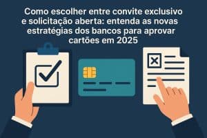 Ilustração sobre formas de aprovação de cartões em 2025. No topo, texto grande diz: ‘Como escolher entre convite exclusivo e solicitação aberta: entenda as novas estratégias dos bancos para aprovar cartões em 2025’. Na parte inferior, ao centro, há um cartão de crédito azul-esverdeado com chip dourado. À esquerda, uma mão segura uma prancheta com um símbolo de confirmação (check), representando convite pré-aprovado. À direita, outra mão aponta para um formulário com um X no topo, simbolizando a solicitação aberta e a possibilidade de análise ou recusa. Fundo em degradê azul escuro, estilo vetorial moderno e minimalista.