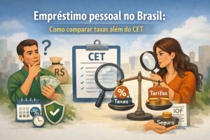 Ilustração conceitual sobre empréstimo pessoal no Brasil, com o título “Empréstimo pessoal no Brasil: como comparar taxas além do CET”. No centro da imagem há uma prancheta com a sigla CET e uma lupa destacando os custos do crédito. À esquerda, um personagem masculino ilustrado segura notas de dinheiro e observa símbolos de cálculo, proteção e prazo, representando dúvidas financeiras. À direita, uma personagem feminina ilustrada analisa uma balança que compara taxas de juros e tarifas adicionais, como IOF e seguro, simbolizando a avaliação detalhada dos custos além da taxa principal. O cenário urbano ao fundo reforça o contexto financeiro brasileiro.