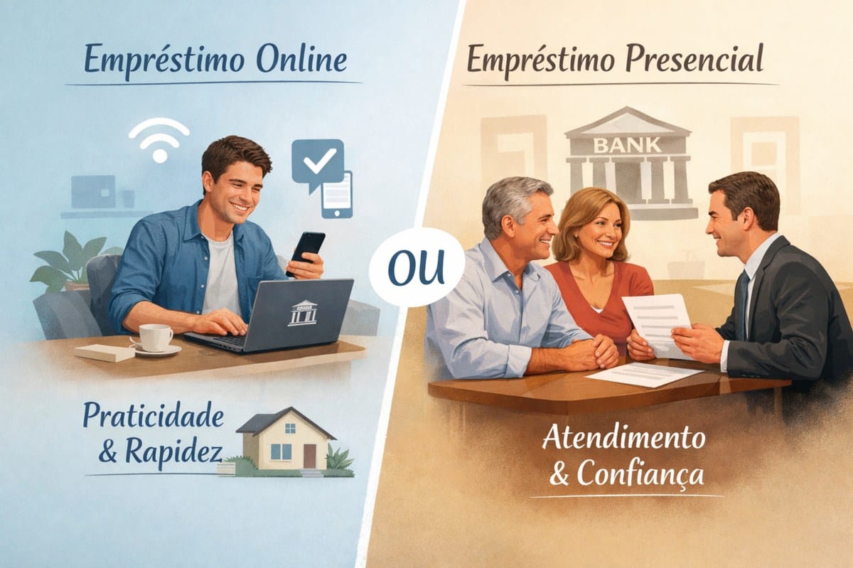 Imagem ilustrativa dividida diagonalmente em duas partes comparando “Empréstimo Online” e “Empréstimo Presencial”. No lado esquerdo, com fundo azul claro, aparece um homem jovem sorridente sentado em uma mesa com notebook aberto e celular na mão. Ícones de Wi-Fi e confirmação aparecem acima dele, simbolizando conexão digital e aprovação rápida. Abaixo, o texto “Praticidade & Rapidez” acompanha uma ilustração de uma casa, reforçando a ideia de conforto e conveniência no ambiente doméstico. No lado direito, com fundo em tom bege, aparece um gerente de banco vestindo terno conversando com um casal de meia-idade sentado à mesa. O gerente segura um documento enquanto explica as condições. Ao fundo há a fachada estilizada de um banco com a palavra “BANK”. Abaixo, o texto “Atendimento & Confiança” destaca a proposta de proximidade e relacionamento humano.