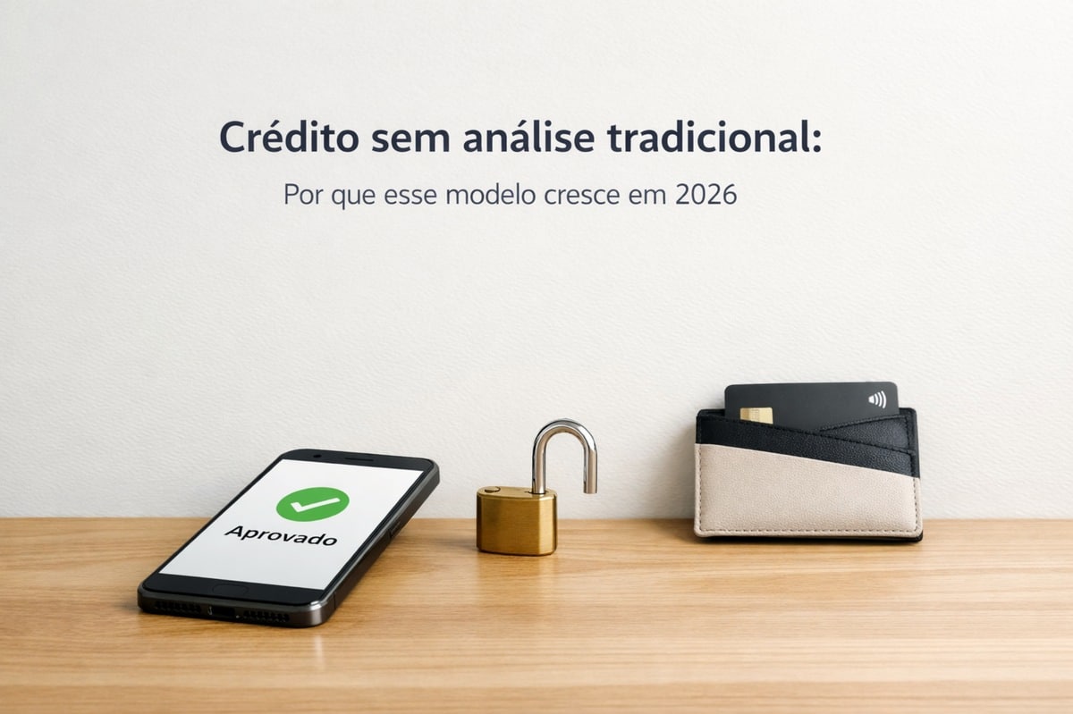 Composição minimalista sobre uma mesa de madeira clara com fundo neutro. No lado esquerdo, um smartphone preto está levemente inclinado, exibindo na tela um ícone verde de confirmação com a palavra “Aprovado”, sugerindo aprovação de crédito digital. Ao centro, há um cadeado dourado aberto, simbolizando desbloqueio ou acesso facilitado a serviços financeiros. À direita, uma carteira bicolor (preta e bege) contém um cartão bancário parcialmente visível com símbolo de pagamento por aproximação. Na parte superior da imagem, aparece o texto “Crédito sem análise tradicional: Por que esse modelo cresce em 2026”. A cena transmite a ideia de inovação financeira, aprovação simplificada e segurança digital no acesso a crédito.