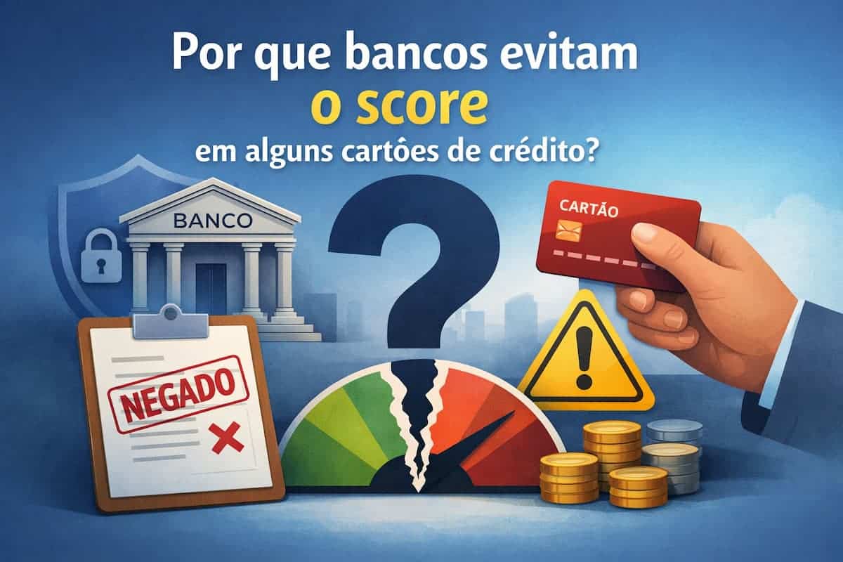 Ilustração explicando por que bancos evitam usar o score em alguns cartões de crédito no Brasil, com banco, cartão de crédito, indicador de score, aviso de risco e análise de aprovação ou negação de crédito.