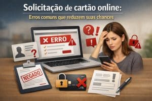 Mulher preocupada usando celular após erro na solicitação de cartão online com tela de computador exibindo mensagem de erro, documentos negados, ícones de alerta e cartão bloqueado sobre mesa