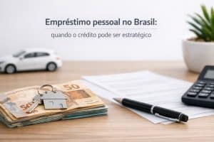 Empréstimo pessoal no Brasil com dinheiro em reais, chave de casa sobre notas, contrato assinado, caneta e calculadora representando planejamento financeiro e uso estratégico do crédito