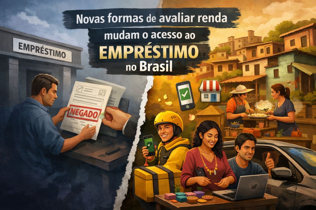 Ilustração sobre novas formas de avaliar renda no Brasil mostrando acesso ao empréstimo, crédito negado e aprovado, trabalhadores autônomos e uso de tecnologia financeira para inclusão no sistema bancário.