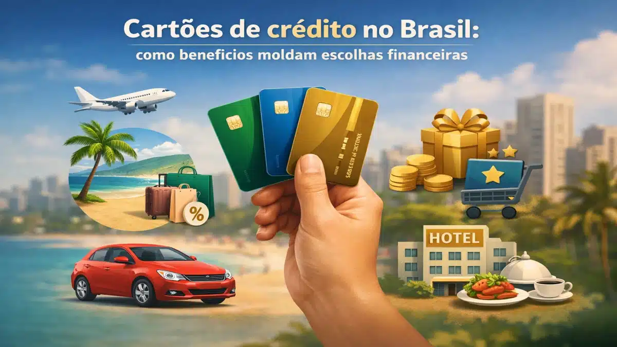 Cartões de crédito no Brasil com benefícios como milhas aéreas, cashback, viagens, compras e hospedagem, representados por mão segurando cartões com ícones de avião, hotel, carro e recompensas financeiras.