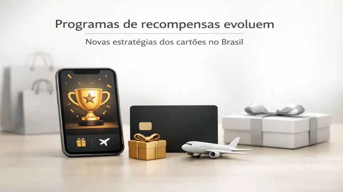 Programas de recompensas de cartões no Brasil com smartphone exibindo troféu, cartão de crédito, presente e avião, representando benefícios como milhas, prêmios e vantagens financeiras.