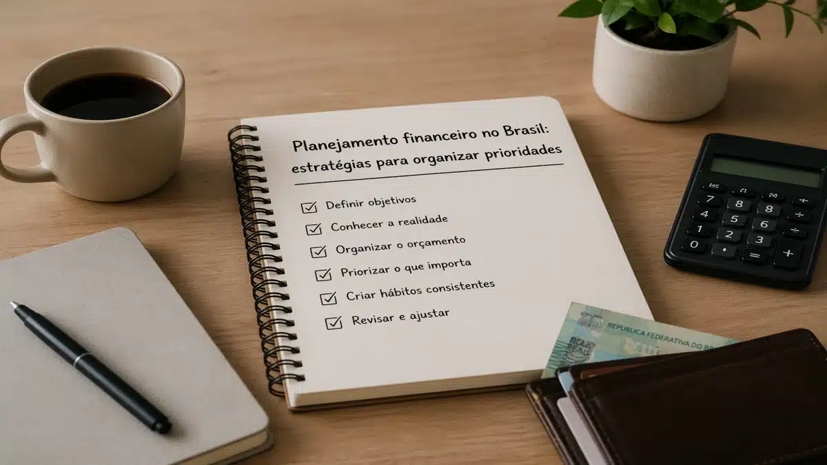 Planejamento financeiro no Brasil com caderno de anotações aberto mostrando checklist de organização de prioridades, ao lado de calculadora, carteira com dinheiro, café e planta em mesa de madeira, ambiente minimalista e organizado